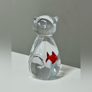 Vintage Murano Hand Blown Art Glass Fish Eating Kitty Cat Figurine Paperweight